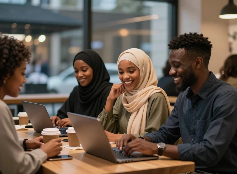 أعضاء من الجالية السودانية يتناقشون ويعملون معاً